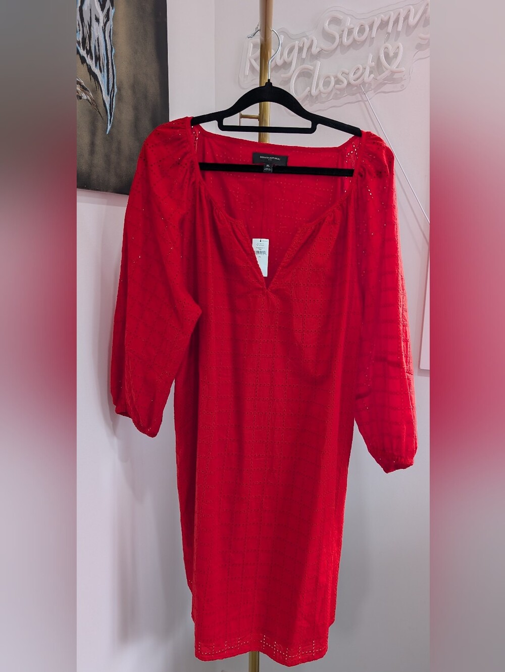 NWT Banana Republic Red Eyelet Puff-Sleeve Mini Shift Dress Size XL